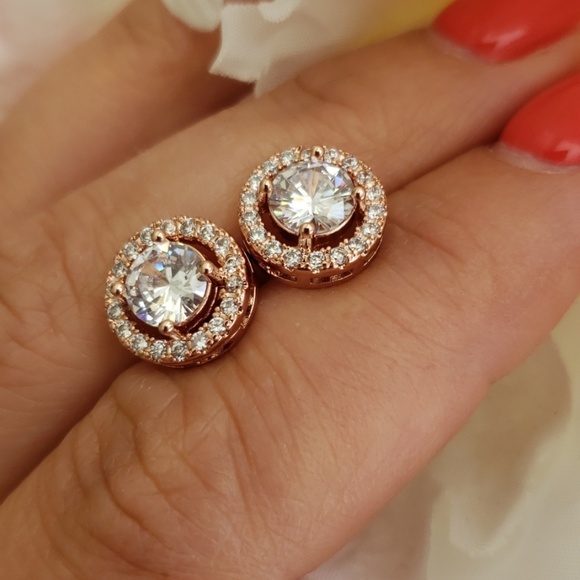 Round Rose Gold Earrings with Real Cubic Zirconia - Picture 4 of 7